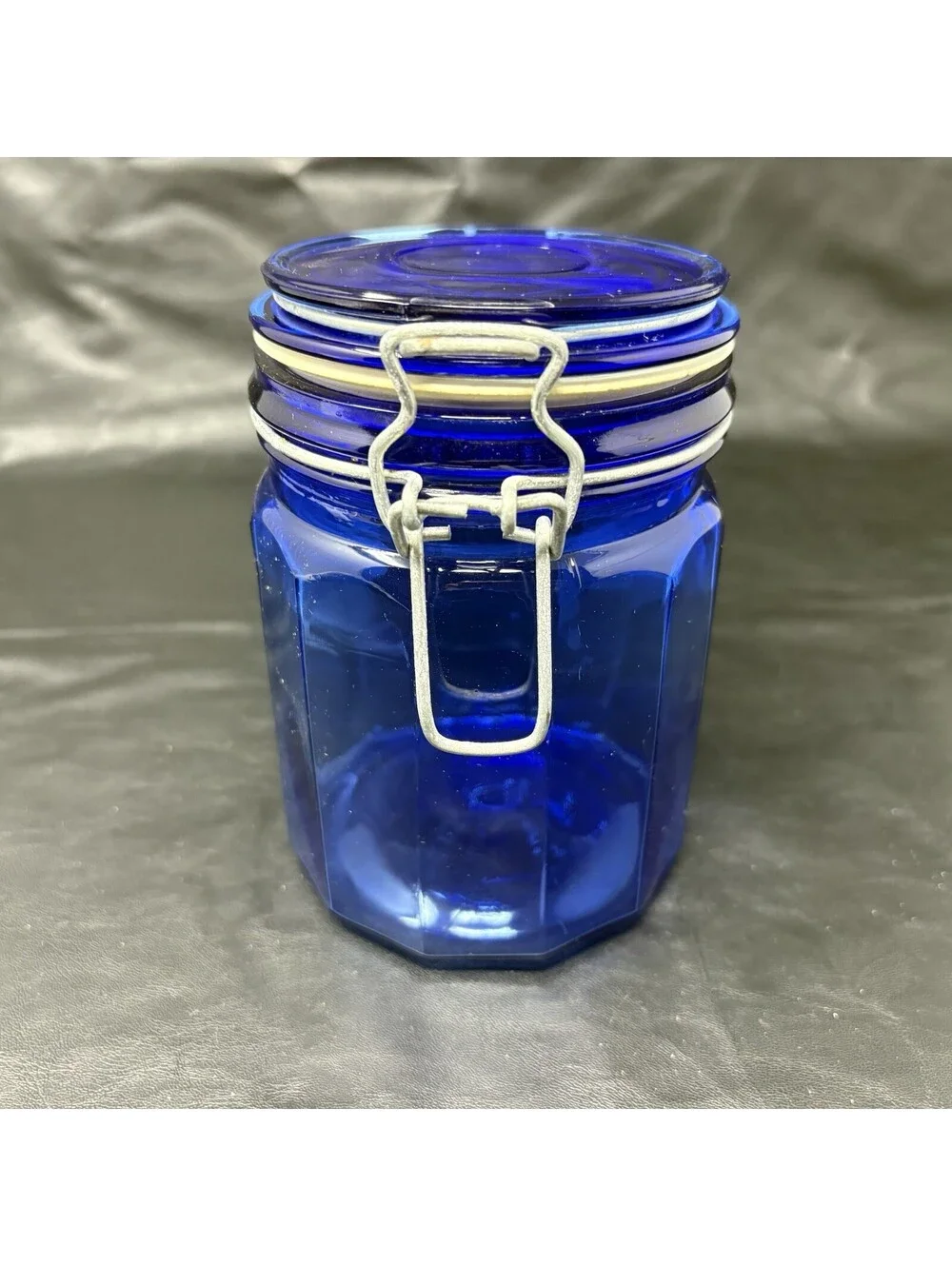 Cobalt Blue Jar Glass Storage Holder With Attached Wire Locking Lid 5 1/2” Tall